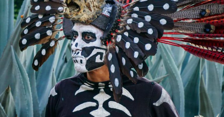 Folklore Dance - Man in Terrifying Costume of Ancient Mexican Warrior