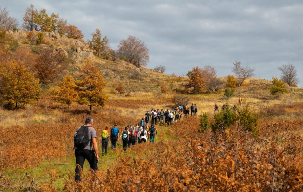 A group of people enjoy hiking through an autumn landscape near Belgrade, Serbia.