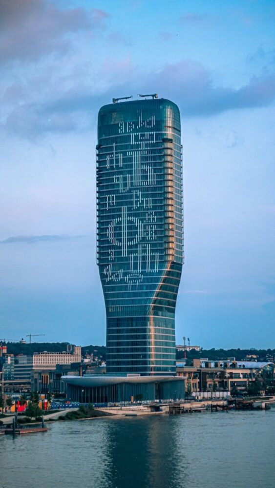 A striking modern skyscraper along the river in Belgrade, Serbia.