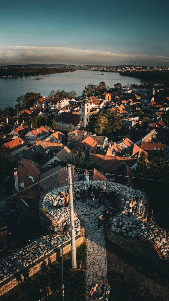 Captivating aerial view of Belgrade's historic harbor and town, showcasing architectural charm and the scenic Danube River.