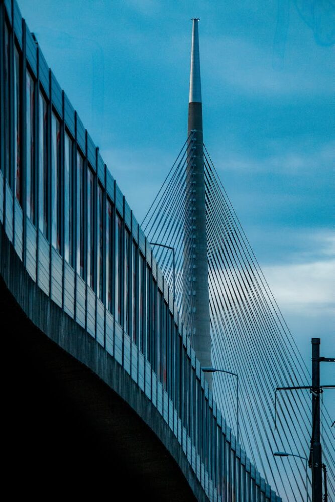 Capture the sleek lines of a contemporary bridge in Belgrade, Serbia, during daylight.