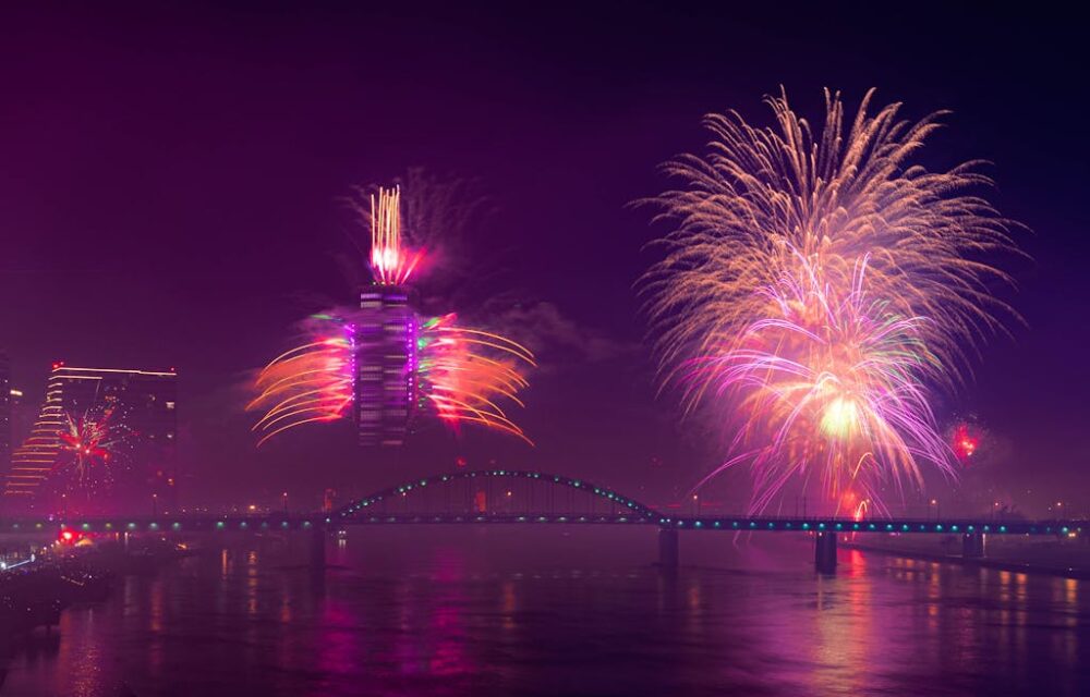 Colorful fireworks illuminate Ada Bridge in Belgrade, creating a spectacular night scene over the river.