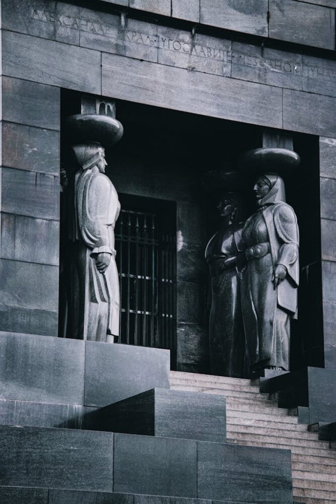 Elegant black and white photograph of a historic monument in Belgrade, Serbia.