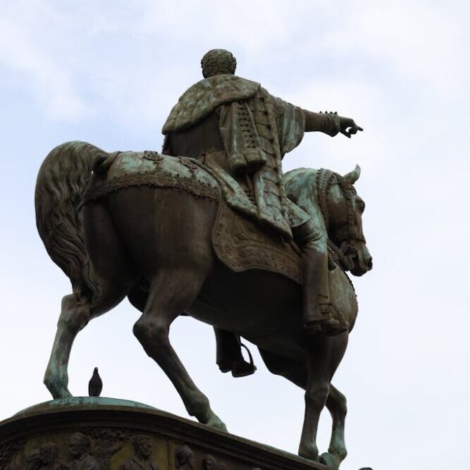 Low angle view of the iconic equestrian statue of Prince Mihailo at Republic Square in Belgrade, Serbia.
