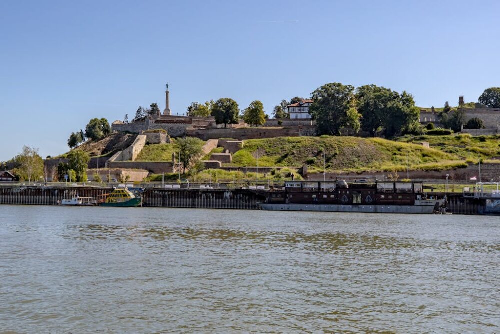 View of the historic Kalemegdan Fortress in Belgrade overlooking the Danube River.